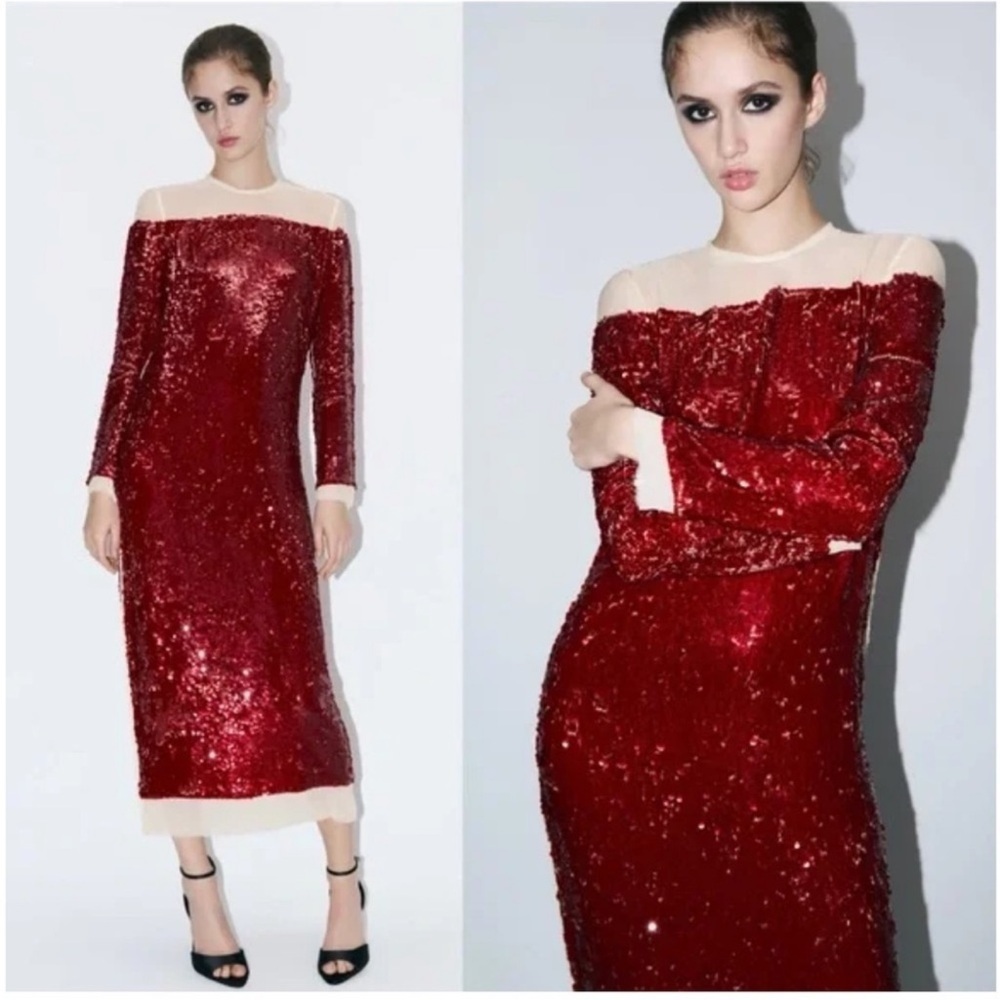 Red Sequin Midi Dress Zara Sheer Illusion‎ Neck Blogger Favorite L